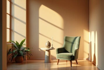 Fototapeta premium Sunlit corner with green armchair, side table, plant, and warm wall shadows. Space for text.