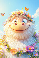 Fototapeta premium Joyful fluffy monster wearing flower crown surrounded by vibrant butterflies outdoors