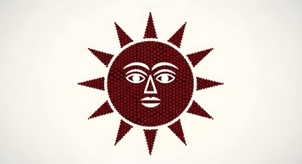 Minimalist Tribal Sun Face Icon, Geometric Red Pattern, Abstract Ethnic Motif, Symbol of Light, Energy, and Spirituality, Simple Artistic Design, Cultural Heritage, and Ancient Inspiration on White Ba
