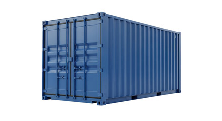 Isolated generic blue shipping container, perspective view with closed doors for transportation