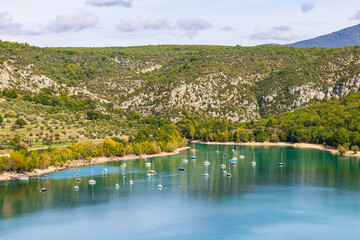 Sailboats Anchored on Lake Sainte-Croix Near the Village of Bauduen
