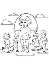 Cartoon children playing outdoors with jump rope and balls in black and white line art