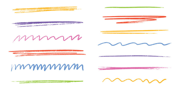 Colorful crayon underline strokes in various styles - straight and wavy, zigzag patterns with textured hand drawn appearance. Vibrant pastel color lines for emphasis or decorative text highlights.
