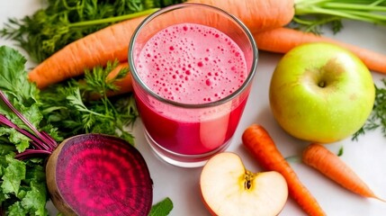 Glass of ABC juice made from beetroot, apple and carrot, fresh ingredients on rustic wood, symbolizing healthy nutrition.