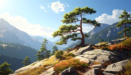 Scenic landscape with a tree on a rocky mountain slope on a sunny day