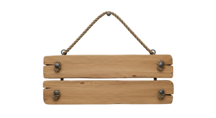 Isolated hanging vintage wooden sign with rope hanger for text and art, rustic style
