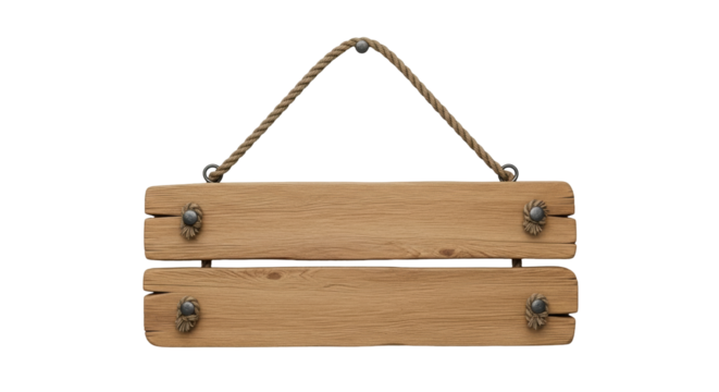 Isolated hanging vintage wooden sign with rope hanger for text and art, rustic style