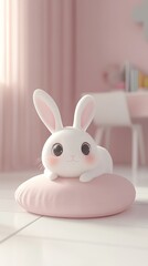 Obraz premium A charming white rabbit toy rests on a soft pink cushion in a cozy room. Ideal for themed decor, children's spaces, and creating an inviting atmosphere.