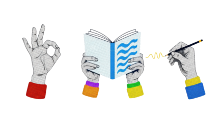 Isolated hands with gestures, reading a book, and writing with a pencil, colorful details