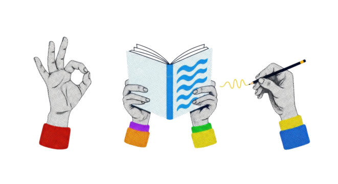 Isolated hands with gestures, reading a book, and writing with a pencil, colorful details