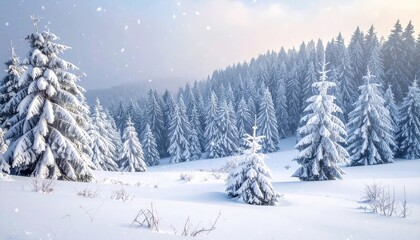 Naklejka premium Cold white snow blankets the winter forest path with frosted pine trees under a blue sky