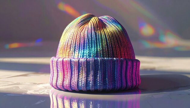 Colorful ribbed beanie displays vibrant rainbow hues and is illuminated by natural sunlight, creating a beautiful display of refracted light and shadow play, showcasing the detailed knit texture 