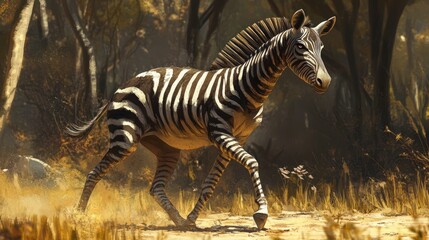 Zebra running in savanna; wildlife art; digital illustration