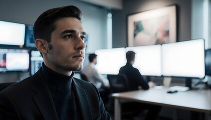 Software engineer working with team in dark office