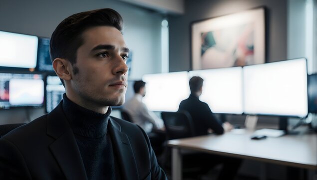 Software engineer working with team in dark office - Powered by Adobe