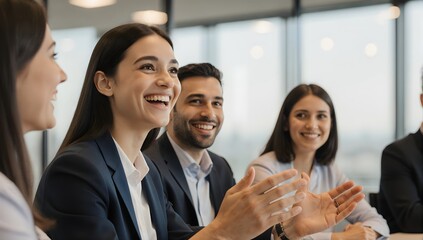 Happy business woman laughing with male colleague