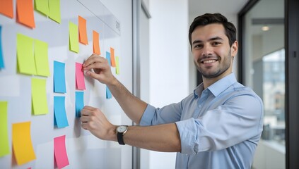 Happy businessman organizing colorful sticky notes brainstorming