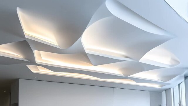 Modern Office Interior with a Unique Sculptural Wavy Ceiling Design.
