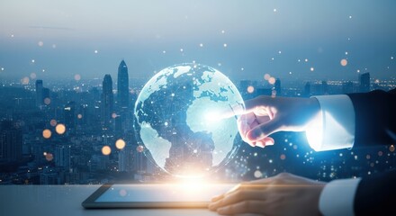 Hand touching glowing digital globe over city skyline, symbolizing global technology and connection