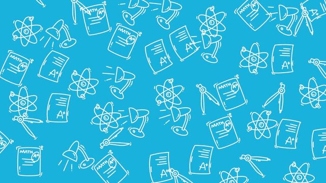 Doodle Pattern Education Science Animation on Blue Background with School Learning Icons Motion Graphic Loop