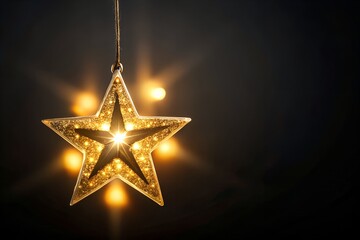 A single sparkling golden star ornament hangs from a string against a dark, bokehfilled background, evoking a festive and magical atmosphere