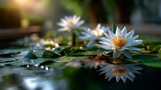 American lotus flowers blooming in pond, reflection on calm water, natural botany scene, under soft natural light highlighting elegance and serenity, serene landscape scene, calm w