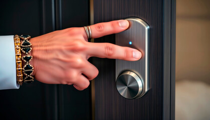 Naklejka premium Hand pressing smart door lock button indoors.
