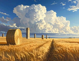 Scenic landscape with hay bale, stone pillars, and a golden wheat field under a bright sky