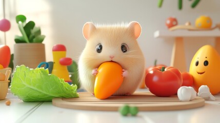 A cute hamster joyfully holds a carrot amidst colorful toys and fresh vegetables in a bright indoor playroom, capturing the essence of innocence and fun.