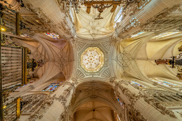 Interior ceiling and Gothic architecture details inside Burgos Cathedral, UNESCO site in Spain.