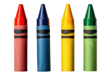 Vibrant red, blue, yellow, and green crayons standing upright, ready for creative drawing