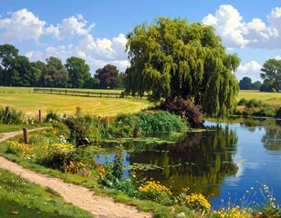 Scenic landscape with lake, weeping willow, and path under a bright blue sky