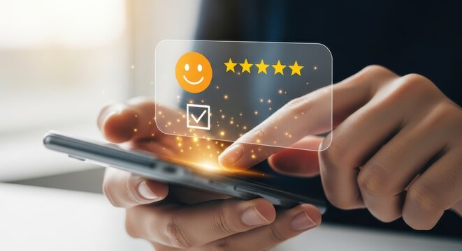 Closeup of a persons hands holding a smartphone, interacting with a fivestar rating and smiley face interface