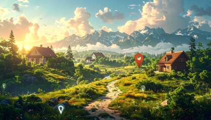 Scenic landscape with houses, mountains, and a location pin, at sunset