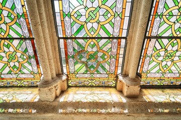 Close-up of stained glass windows in the Gothic Cathedral of Burgos
