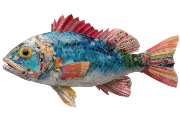 Vibrant fish sculpture crafted from colorful recycled paper and magazine clippings