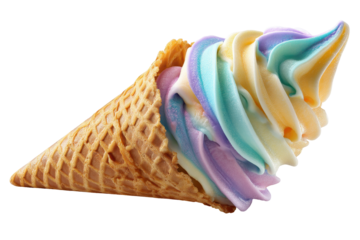 Vibrant swirl soft serve ice cream cone with pastel colors for summer treat