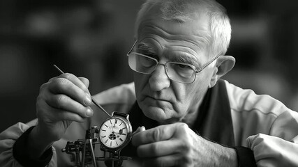 A senior man fixing a vintage clock, meticulous, patient, skilled, absorbed, copy space, in the style of photorealistic photography, close-up on hands, focused task lighting, black