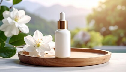 A cosmetic product, showcased in a white bottle with a gold cap, is presented on a wooden tray adorned with white flowers, evoking a natural and serene mood, with a soft focus background.