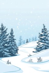 A serene winter landscape featuring snow-covered trees lining a gentle pathway. The scene captures a tranquil atmosphere with falling snowflakes.