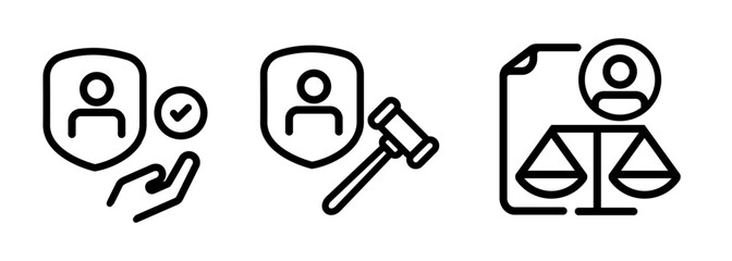 data privacy legal protection icon set collection representing ethical and lawful handling of personal information security shield gavel and scale of justice