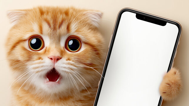Niedliche orange getigerte Katze mit gro&szlig;en Augen und &uuml;berraschtem Gesichtsausdruck h&auml;lt ein Smartphone in den Pfoten