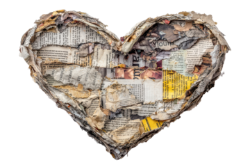 Distressed heart shape crafted from torn vintage newspaper scraps and recycled paper