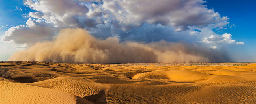Desert Storm, Sand Storm in desert of high altitude with cumulonimbus rain clouds Haboob dust storm panorama