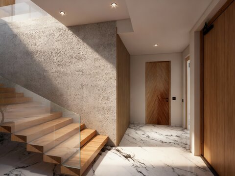 RECIBIDOR DE CHALET DE LUJO CON ESTILO MODERNO Y MEDITERRANEO 
