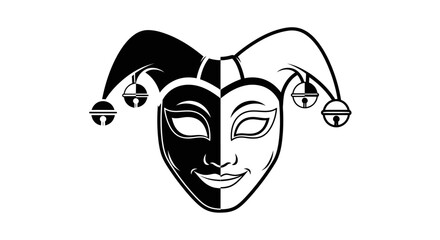 A black and white illustration of a jester's mask with bells, split design.