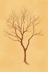 Simple yet striking illustration of a barren tree with twisted branches on a yellow background, evoking feelings of tranquility and minimalism.