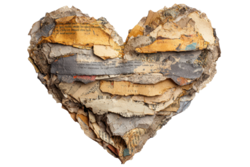 Heart shape crafted from layered vintage paper fragments, symbolizing love and history