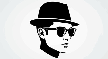 Silhouette of a man wearing a fedora hat and sunglasses, depicted in a stark black and white illustration.