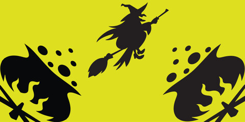 Witch Flying on a Broom with Cauldron and Potions.